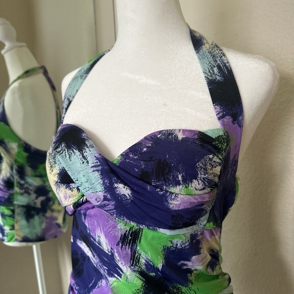 Halter top with padded bust Abstract Green and Purple ties at neck Y2K size Med - Picture 2 of 5